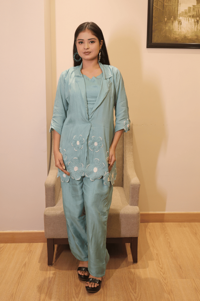 Pista Blue Pearl Embroidered Muslin Co-ord Set