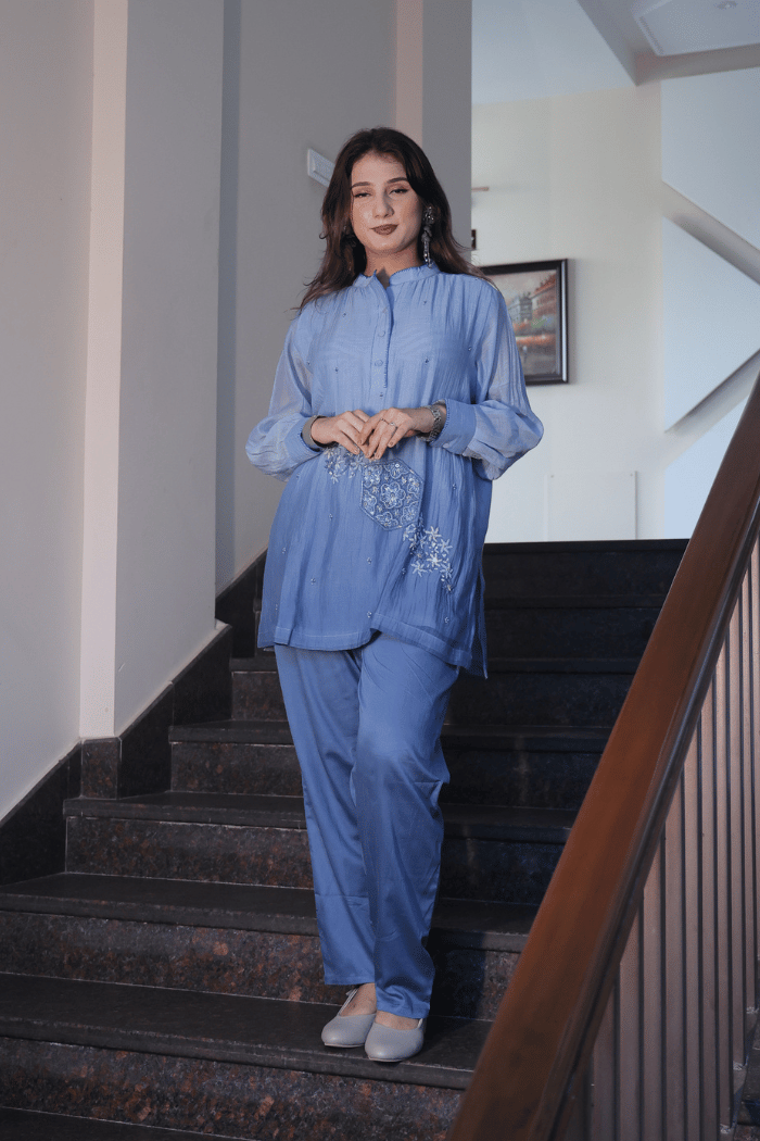 Light Blue Mul Cotton Embroidered Co-ord Set