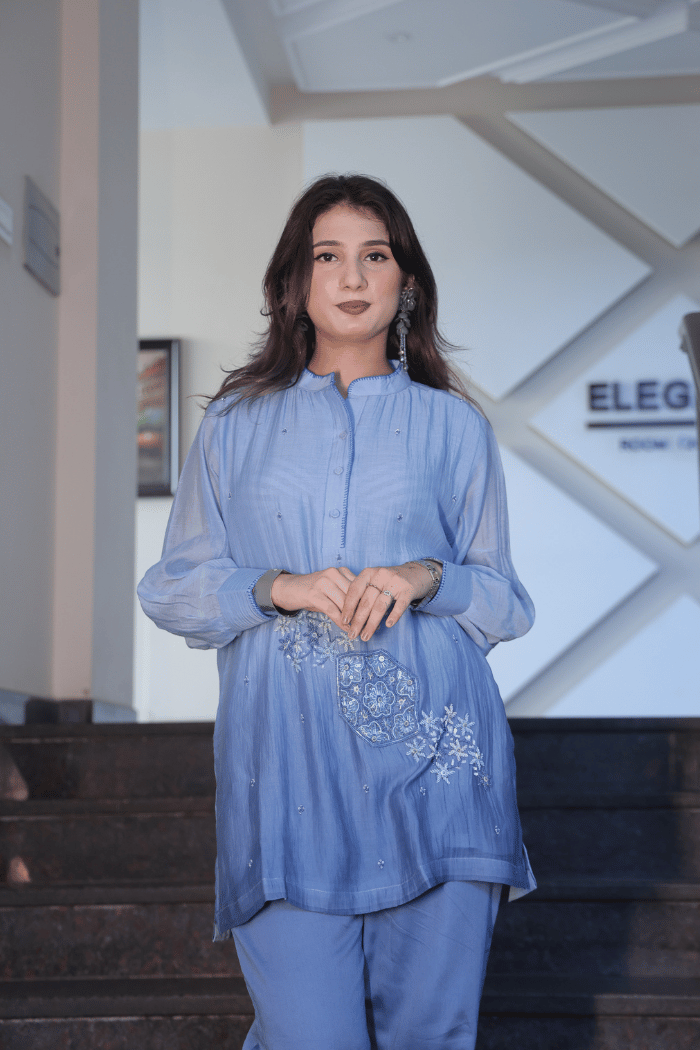 Light Blue Mul Cotton Embroidered Co-ord Set