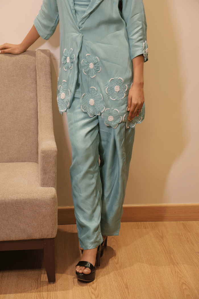 Pista Blue Pearl Embroidered Muslin Co-ord Set