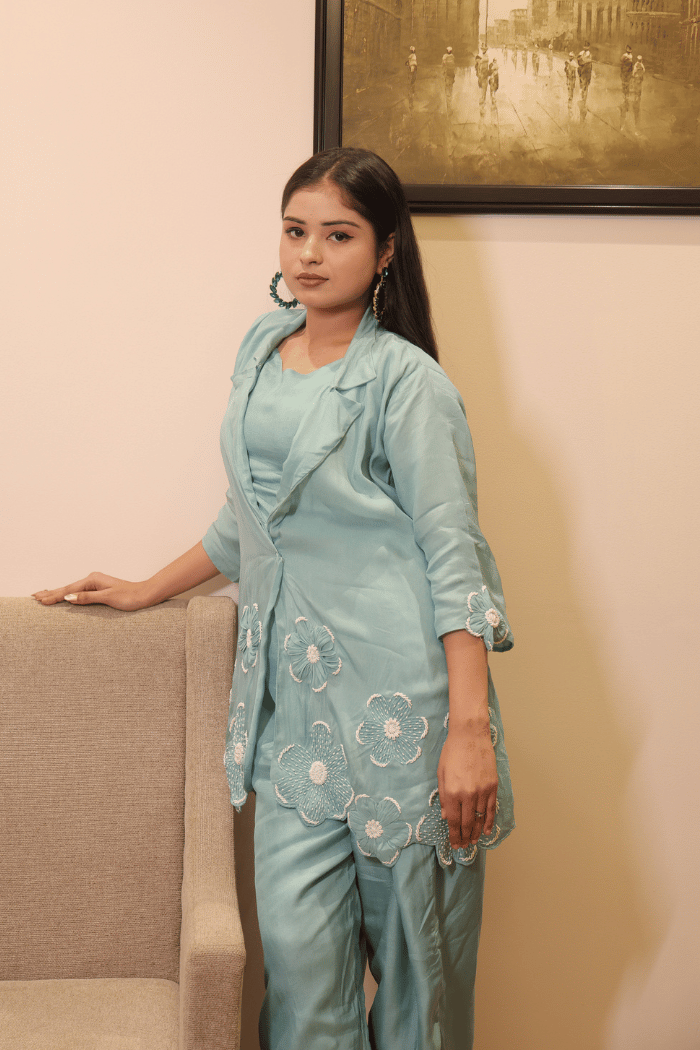 Pista Blue Pearl Embroidered Muslin Co-ord Set