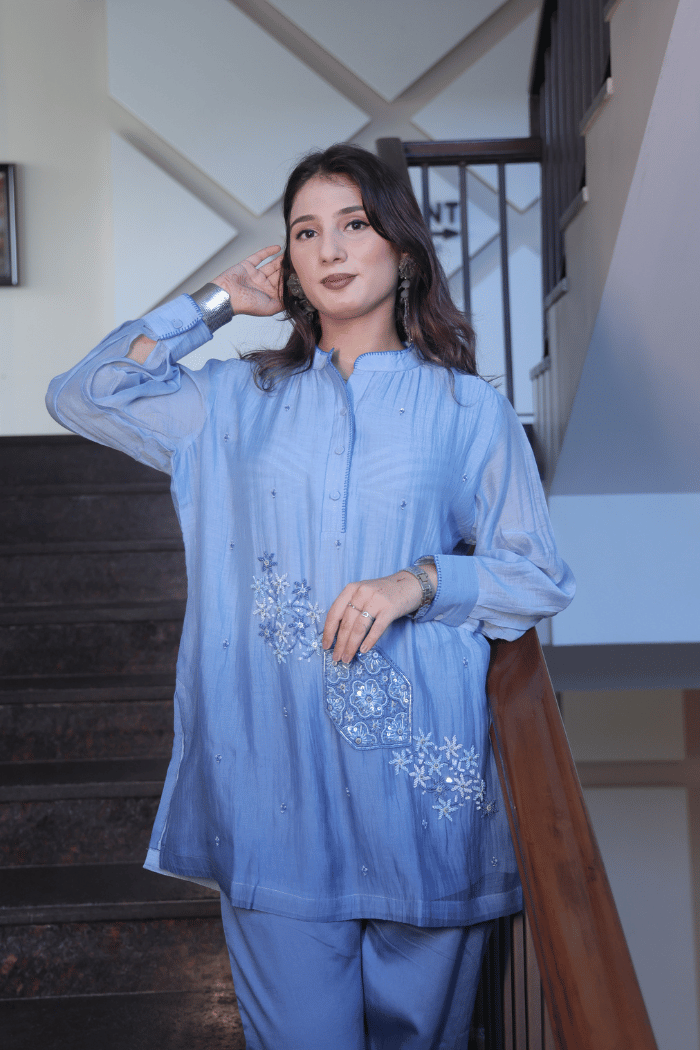 Light Blue Mul Cotton Embroidered Co-ord Set