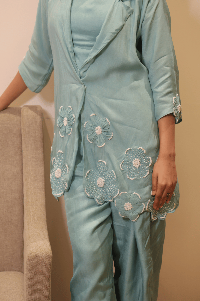 Pista Blue Pearl Embroidered Muslin Co-ord Set