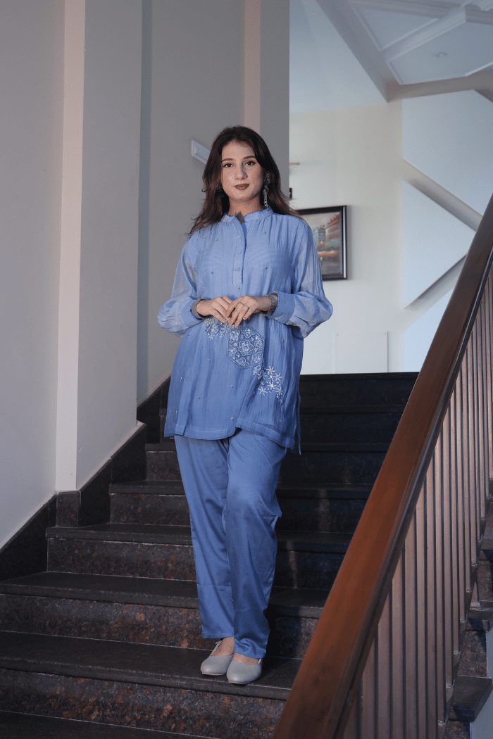 Light Blue Mul Cotton Embroidered Co-ord Set